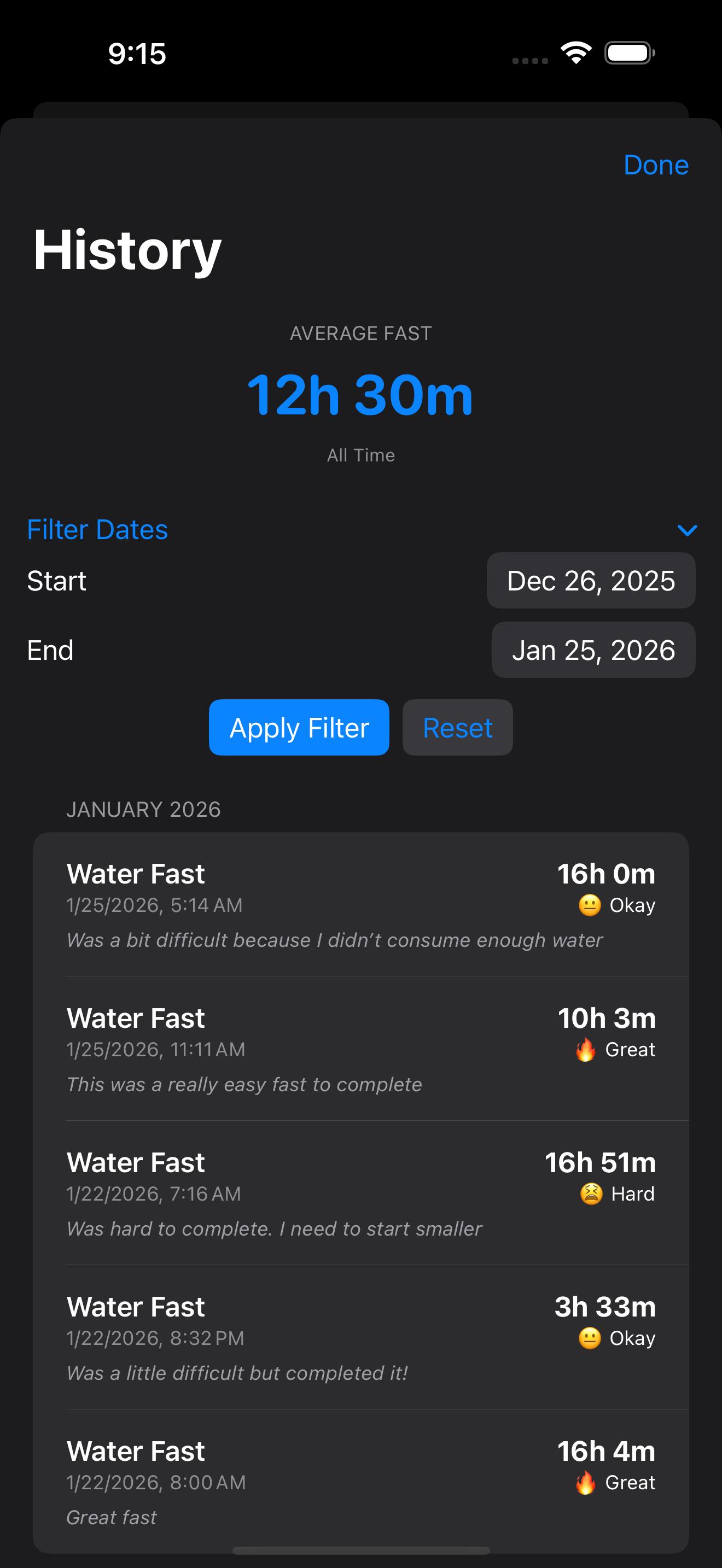 Fasting history with average and filter